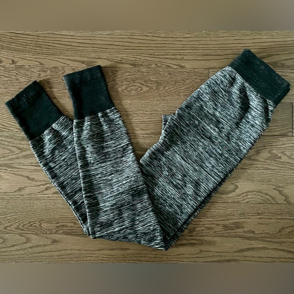 Fleece Lined Leggings With Contrast Hem & Waistband - Mixed Grey & Black